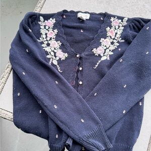 Margules Navy Floral Embroidered BalloonSleeve Pearl Button Cardigan